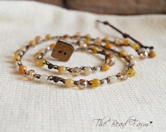 Sparkly Crocheted Wrap Bracelet in yellows – Triple Wrap, Czech Glass, Necklace Option