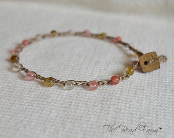 Boho Hippie Style Dainty Crocheted Bead Anklet with Watermelon Tourmaline Stones
