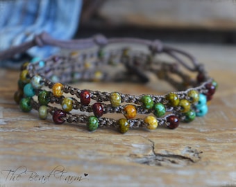 Colorful Picasso Beaded Wrap Bracelet- A dainty crocheted beaded triple wrap bracelet with bohemian style