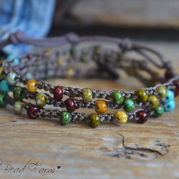 Colorful Picasso Beaded Wrap Bracelet- A dainty crocheted beaded triple wrap bracelet with bohemian style