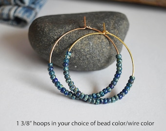 1 3/8" Boho Hippie Style Hoop Earrings in your choice of bead color and wire color