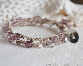 Handmade Women's Boho Wrap Crocheted Bead Wrap Bracelet in soft amethyst purple.  Double wrap crocheted bracelet.  Crocheted bead necklace