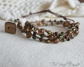 Earth Tones Boho Beaded Wrap Bracelet – Triple Wrap, Czech Glass, Necklace Option