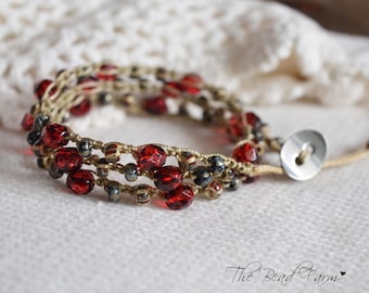 Sparkly Red Boho Beaded Wrap Bracelet – Triple Wrap, Czech Glass, Necklace Option