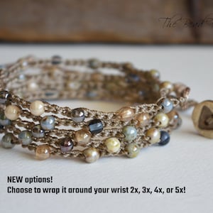 May include: Multi-strand beaded bracelet with a variety of colors, including beige, brown, gray, and black. The bracelet is made with small, round beads and is tied with a brown cord. The bracelet is wrapped around the wrist multiple times.  NEW options! Choose to wrap it around your wrist 2x, 3x, 4x, or 5x!