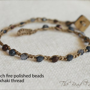 Crocheted Anklet -OR- Choker Necklace with Czech Fire Polished Glass Beads in Blues and Brown.  Boho Hippie Style Dainty Crocheted Jewelry
