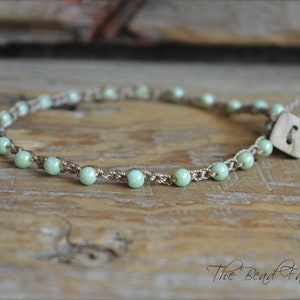 Boho Hippie Style Dainty Crocheted Bead Anklet with soft green czech glass beads