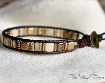 Boho Style Handmade Tile Bead Leather Bracelet