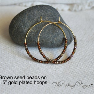 1.5&quot; Brown Beaded Hoop Earrings, Boho Hippie Style Beaded Hoop Earrings on gold finished hoops