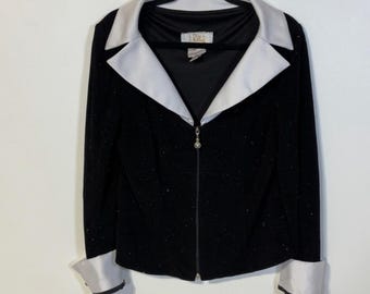 Vintage Joseph Ribkoff Blazer Jacket Women’s Size 14 Black White Trim Sparkly