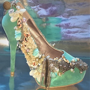 Unique Customised Women&#39;s Occasion / Wedding Shoes Ocean Treasure Turquoise Suedette UK: Size 6