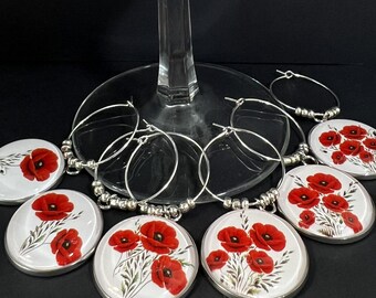Red Poppy Wine Glass Charms, Set of 6, Floral Party Favors