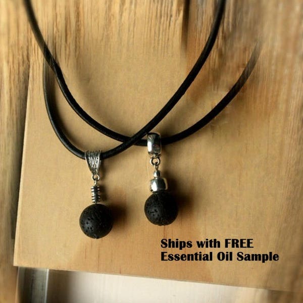 Aromatherapy Necklace - Natural Lava Stone Diffuser Necklace on 18" Leather Rope with Free Essential Oil Sample!