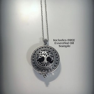 Tree of Life Aromatherapy Locket Necklace – Silver Diffuser, Essential Oil Sample