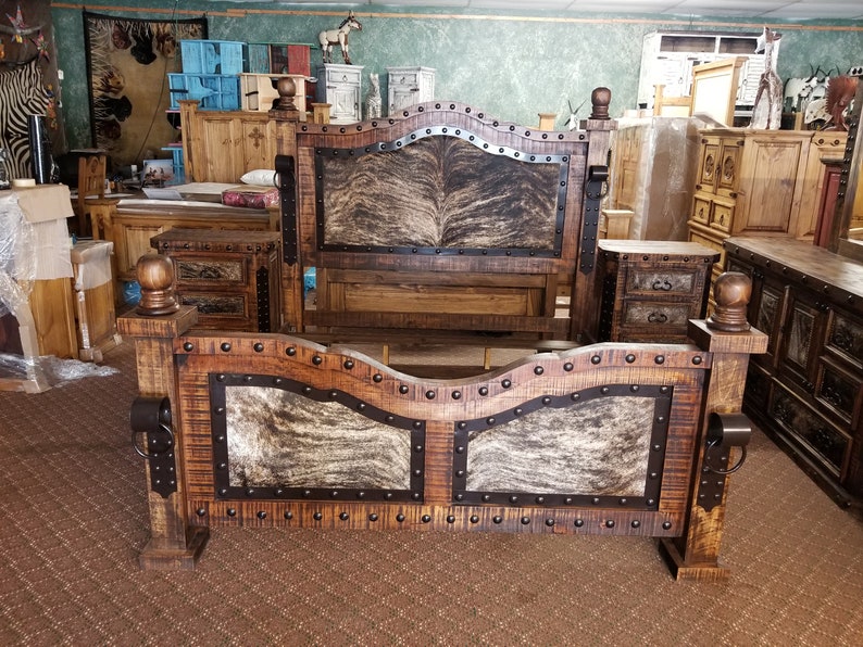 Hi End Medieval Rustic Cowhide Inlay Bedroom Set Includes Bed Dresser Mirror Chest 2 Nightstands King Size