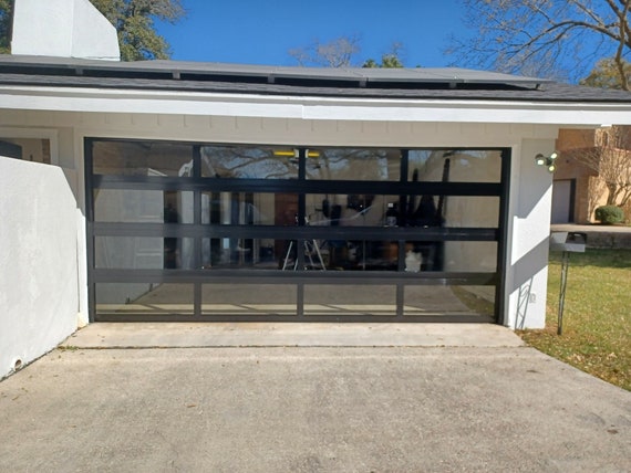 16 x 8 Full View Clear Glass Garage Door In 4 Sections And 4 Windows Matt Black Finish