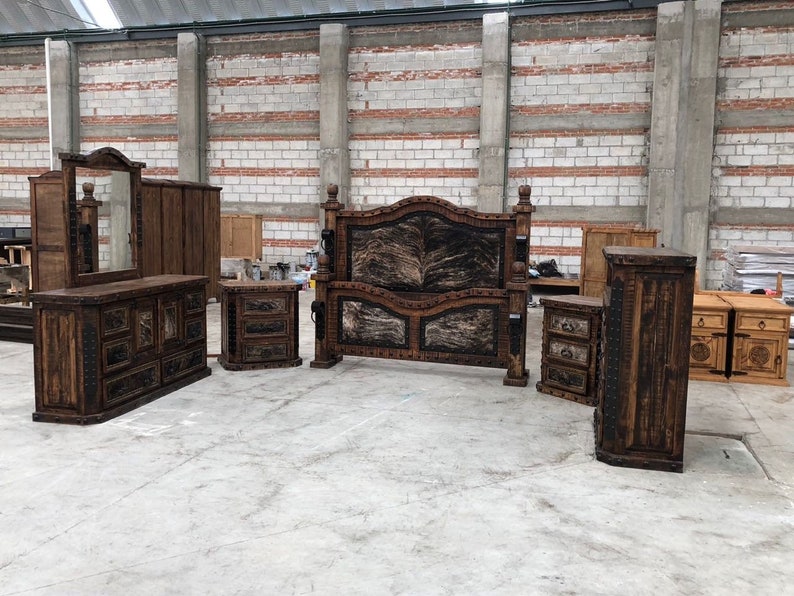 hi end medieval rustic cowhide inlay bedroom set includes bed dresser  mirror chest & 2 nightstands king size