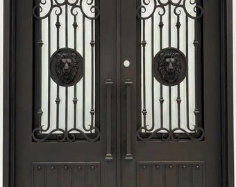 Forney Iron Door: Textured Rain Glass, Matt Black Finish