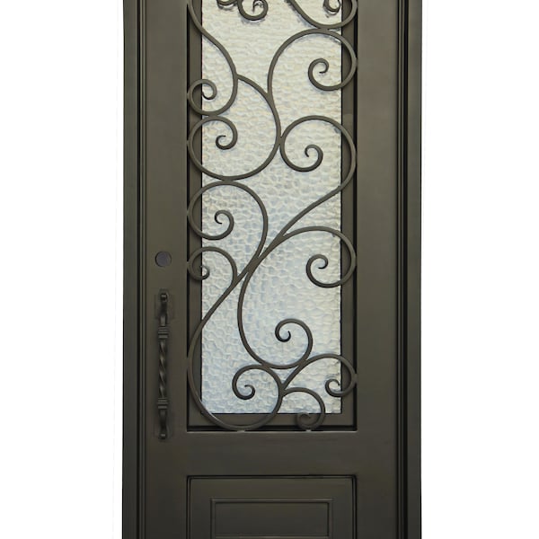 Abbott Model Pre Hung Single Front Entry Wrought Iron Door With Water Cube Glass & Dark Bronze Finish