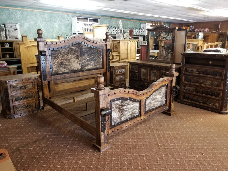 Hi End Medieval Rustic Cowhide Inlay Bedroom Set Includes Bed Dresser Mirror Chest 2 Nightstands King Size