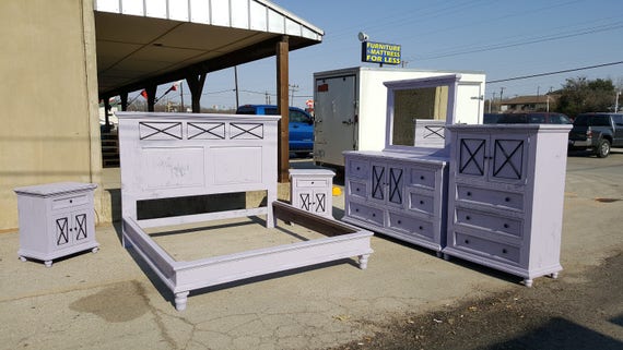 Lavender Distressed Platform Style Bedroom Set With Iron Accents Bed Dresser Mirror Chest 2 Nightstands Solid Wood