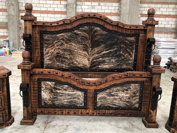 Queen Size Hi End Medieval Rustic Cowhide Inlay Bedroom Set Includes Bed Dresser Mirror Chest 2 Nightstands