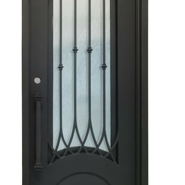 Austin Model Pre Hung Single Front Entry Wrought Iron Door With Rain Glass & Dark Bronze Finish