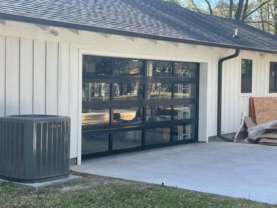 16 x 8 Full View Clear Glass Garage Door In 4 Sections And 4 Windows Matt Black Finish