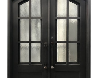 Cameroon Model Iron Door With Tempered Aqua Lite Glass Dark Bronze Finish Inside Swing Double and Single Door Sizes To Choose From