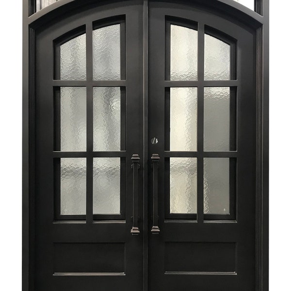 Cameroon Model Iron Door With Tempered Aqua Lite Glass Dark Bronze Finish Inside Swing Double and Single Door Sizes To Choose From