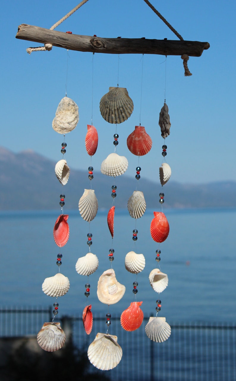 Outdoor Mobile Beach House Decor Handmade One-of-a-Kind Natural Shells Driftwood Seashell Wind Chimes Shell Wind Chimes Wind Chimes