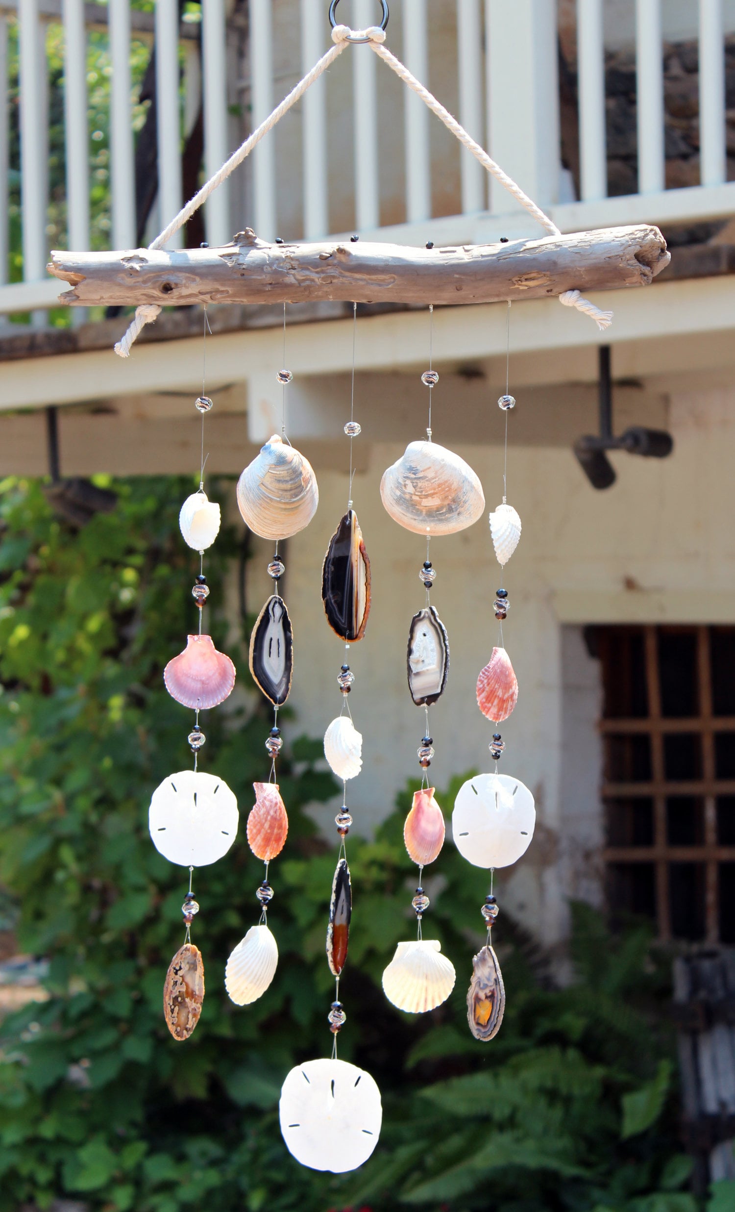Driftwood Seashell Wind Chimes, Handmade One-of-a-Kind, Wind Chimes, Agate Wind Chime, Beach House Decor, Outdoor Mobile, Sun Catcher Mobile