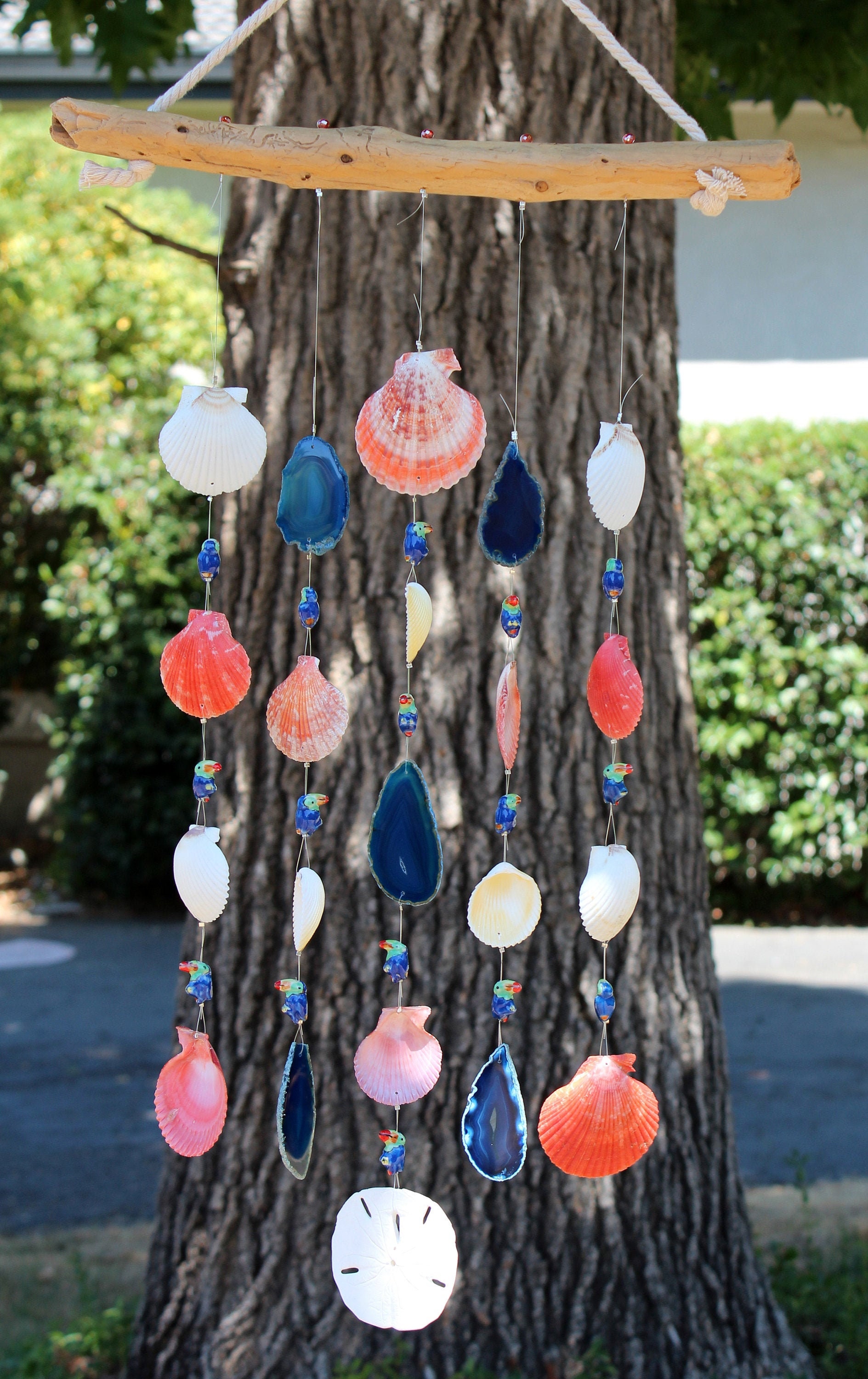 Driftwood Seashell Wind Chimes, Handmade One-of-a-Kind, Wind Chime, Beach Decor, Toucan Bird, Outdoor Mobile, Agate Wind Chime, Sand Dollar
