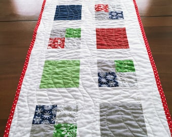 Quilted Table Runner, Folk Art Holiday fabric, 14" x 41", Christmas Table Runner, Quilted Table Runner, Red Green Blue Gray, Holiday Linens