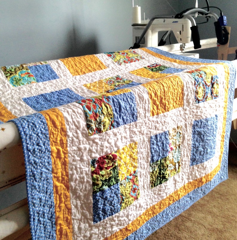 Handmade Quilt, Blue & Yellow Quilt, 43 x 54, Amy Butler Fabric, Modern Quilt, Lap Quilt, Throw Quilt, Child Quilt, Baby Quilt, Crib Quilt image 4