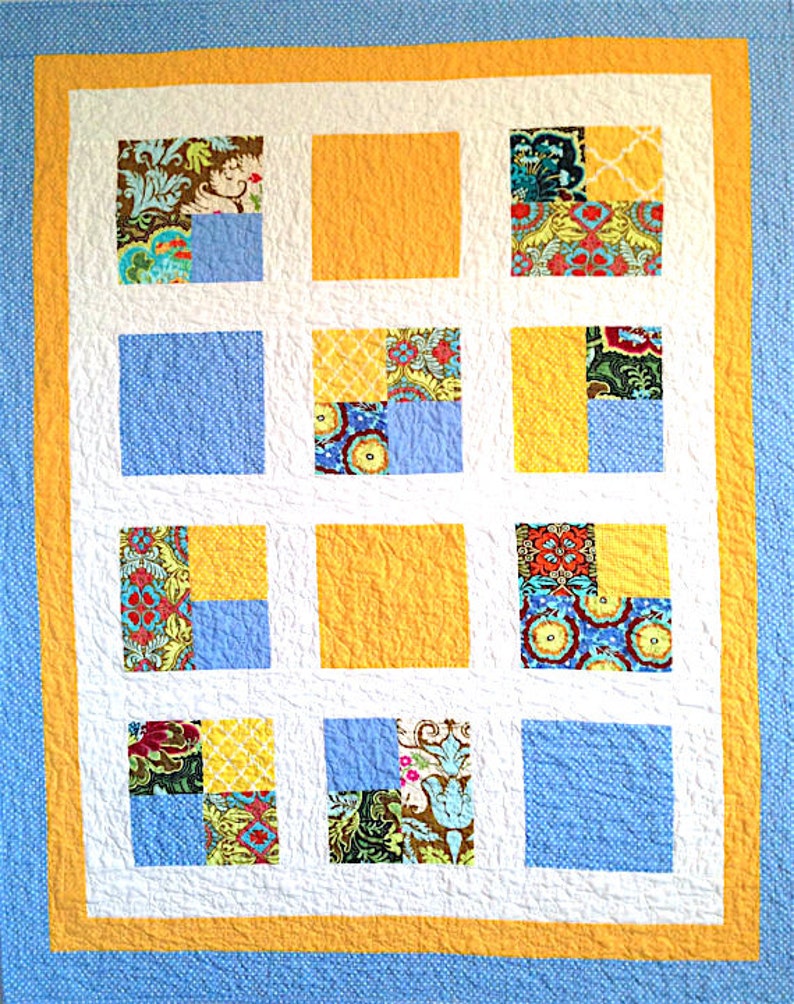 Handmade Quilt, Blue & Yellow Quilt, 43 x 54, Amy Butler Fabric, Modern Quilt, Lap Quilt, Throw Quilt, Child Quilt, Baby Quilt, Crib Quilt image 1