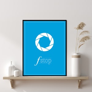 Könnte beinhalten: Ein blaues Poster mit einem weißen Blenden-Symbol und dem Text "f stop" in weiß.