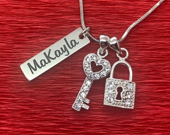 Engraved Heart Lock and Key Pendant Necklace - Personalized with Optional Engraving Front and Back - Gift to Show Love!