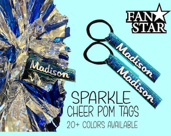 Cheer Pom Pom Tags Set of 2 with SPARKLE ribbon, Great for Cheerleaders, Sparkle Ribbon Customized with your Name or Team , 25+ Colors