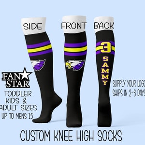 Personalized Athletic Knee High Socks with Team Logo Names and Numbers, Great for Softball, Lacrosse, Football, Field Hockey, Baseball!