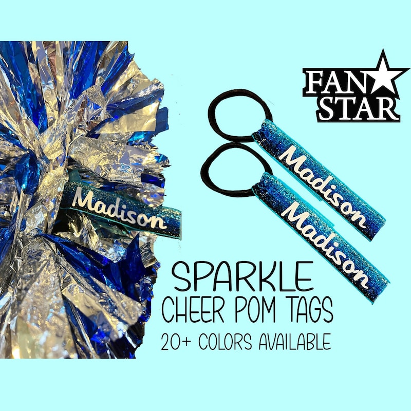 (Set of 2PCS)Cheer Pom Pom Tags with Sparkle Ribbon, Great for Cheerleaders, Custom Sparkle Ribbon