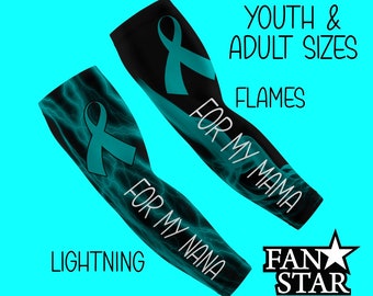 Custom Ovarian Cancer Awareness Ribbon ARM Sleeve, Teal Ribbon Awareness Team Arm Sleeve for Kids and Adults, Choose Flames or Lightning