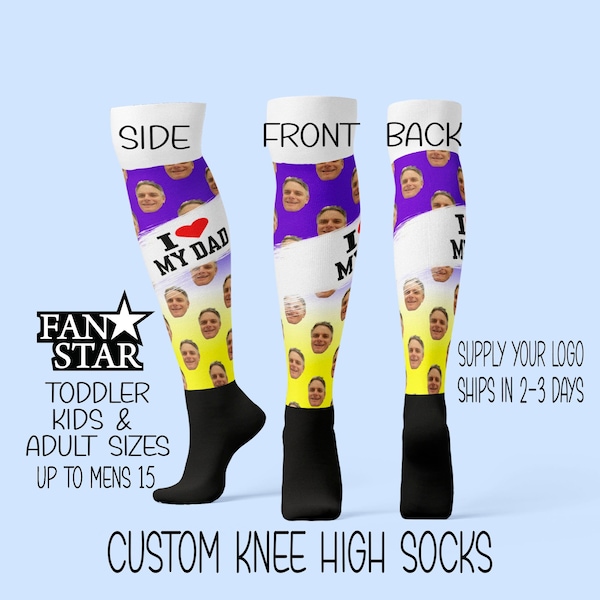 Custom Face Socks Knee High Athletic Style, I Love My Dad Socks, Softball, Lacrosse, Football, Basketball Baseball, Fathers Day Team Socks