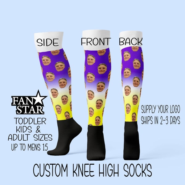 Custom Face Socks Knee High Athletic Style Choose Your Background, Softball, Lacrosse, Football, Basketball Baseball, Fathers Day, Christmas
