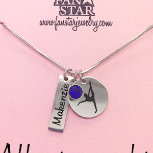 Personalized Gymnast Pendant Necklace with Birthstone, Engraved Gymnast Dancer Stainless Steel Customized with Name and Birthstone