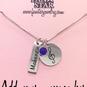 Personalized Clef Note Pendant Necklace with Birthstone, Engraved Musician Stainless Steel Customized with Name and Birthstone