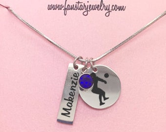 Personalized Volleyball Setter Pendant Necklace with Birthstone, Engraved Volleyball Stainless Steel Customized with Name and Birthstone