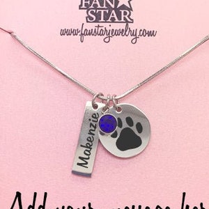 Personalized Paw Print Pendant Necklace with Birthstone, Engraved Mascot Paw Stainless Steel Customized with Name and Birthstone
