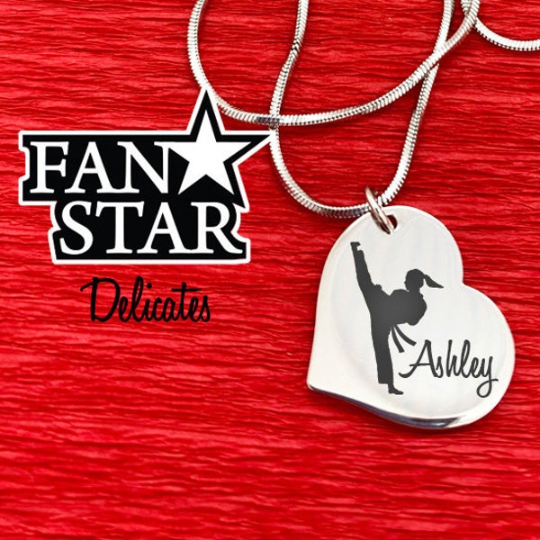 Stunning Heart Karate Pendant Necklace - Taekwondo - Name Laser Engraved - Optional Front and Back Engraving - Stainless Steel