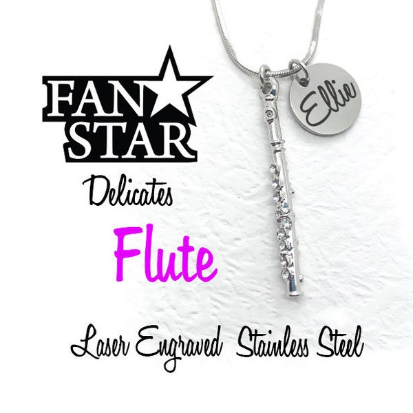 Crystal Flute Necklace Pendant with Stainless Steel Engraved Disc - Personalized - Great Gift for Musicians